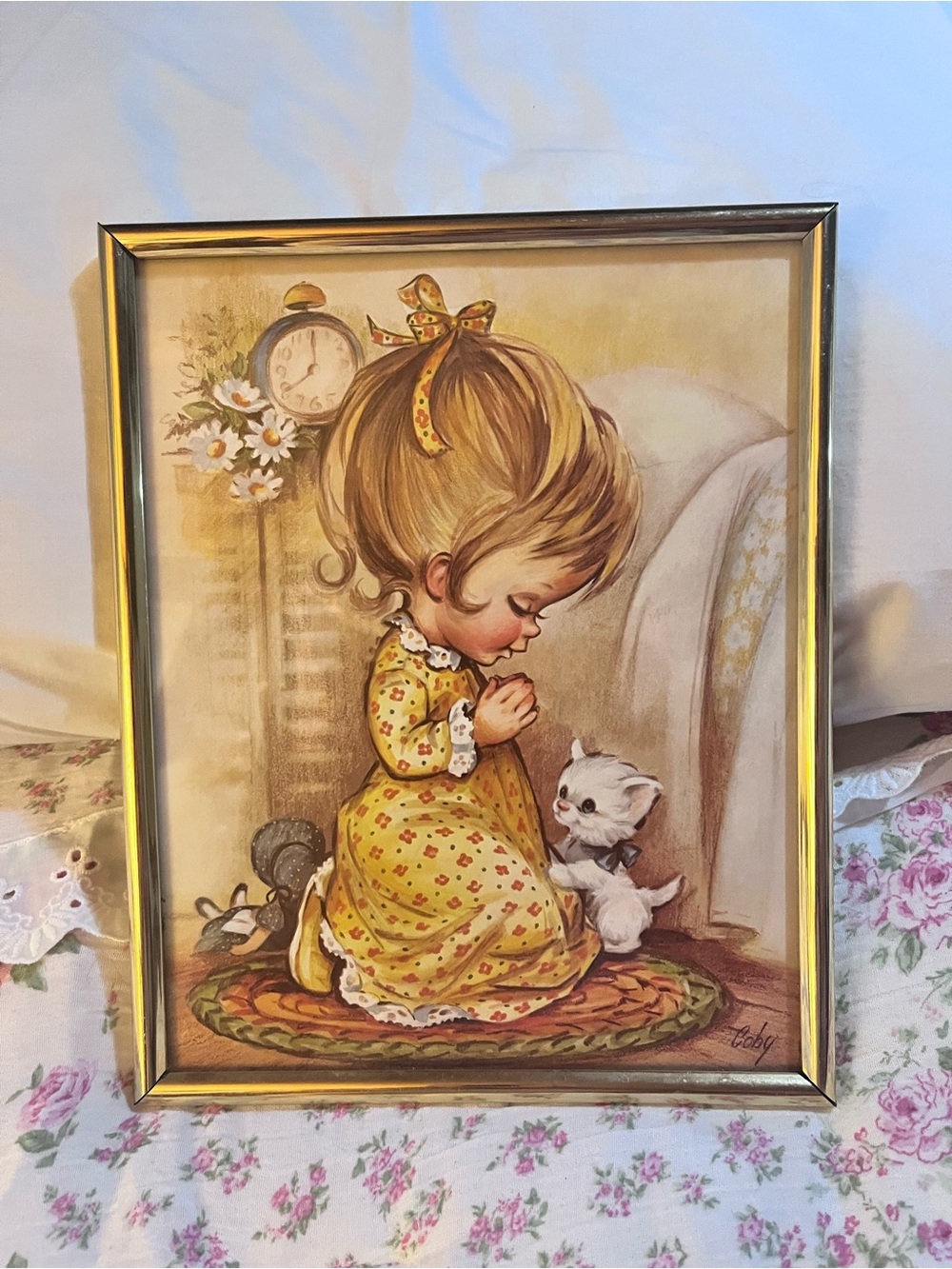 Vintage Framed Coby Praying Girl & Kitten